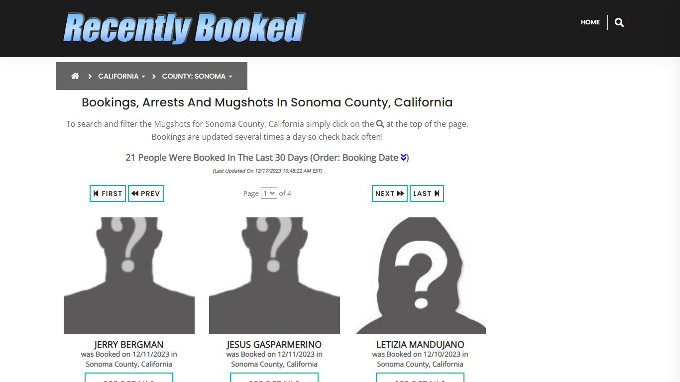 Bookings, Arrests and Mugshots in Sonoma County, California